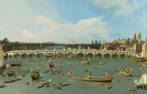 Westminster Bridge, Londen, Met de Processie van de Lord Mayor op de Theems (detail)